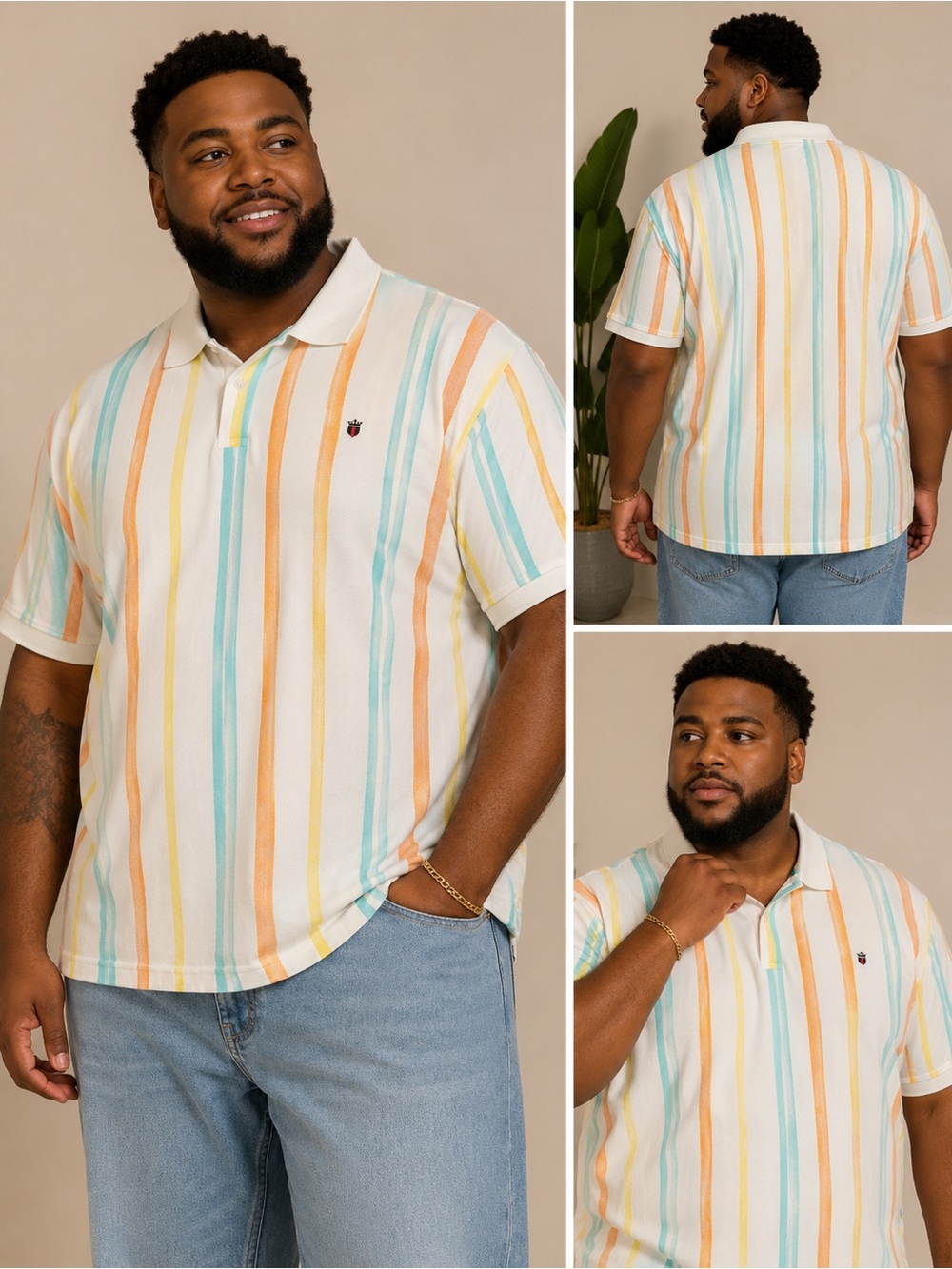 Striped Short-Sleeve Polo in Cream with Pastel Stripes